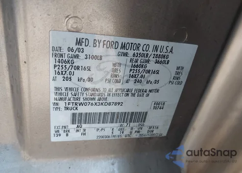 2003 Ford F-150 Lariat/Xlt from USA, damaged, VIN 1FTRW076X3KD87892